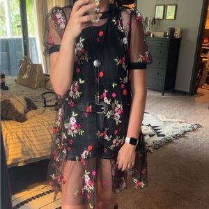 Floral Embroidered Black Sheer Dress
